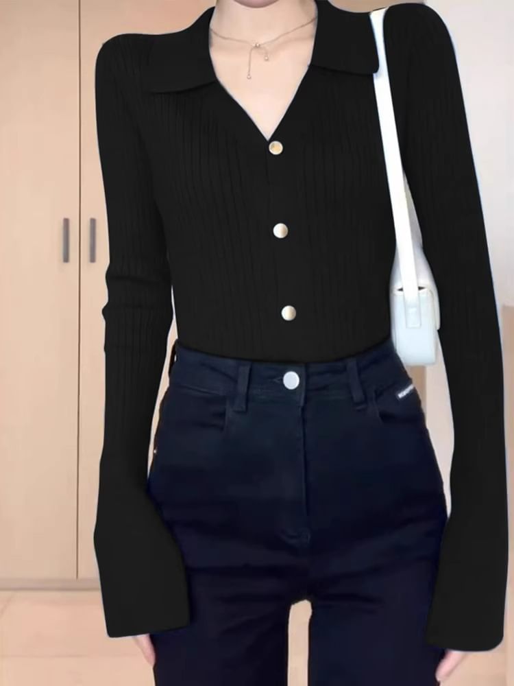 V-Neck Collared Plain Button-Up Cardigan