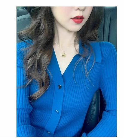 V-Neck Collared Plain Button-Up Cardigan