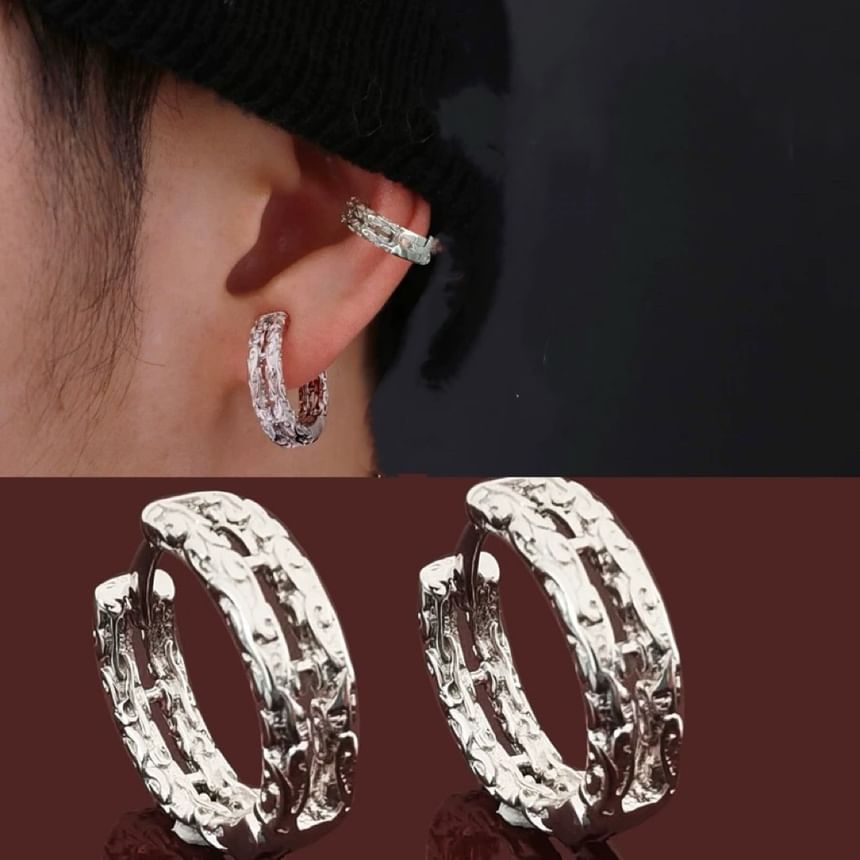 Textured Silver Hoop Earrings - Stainless Steel