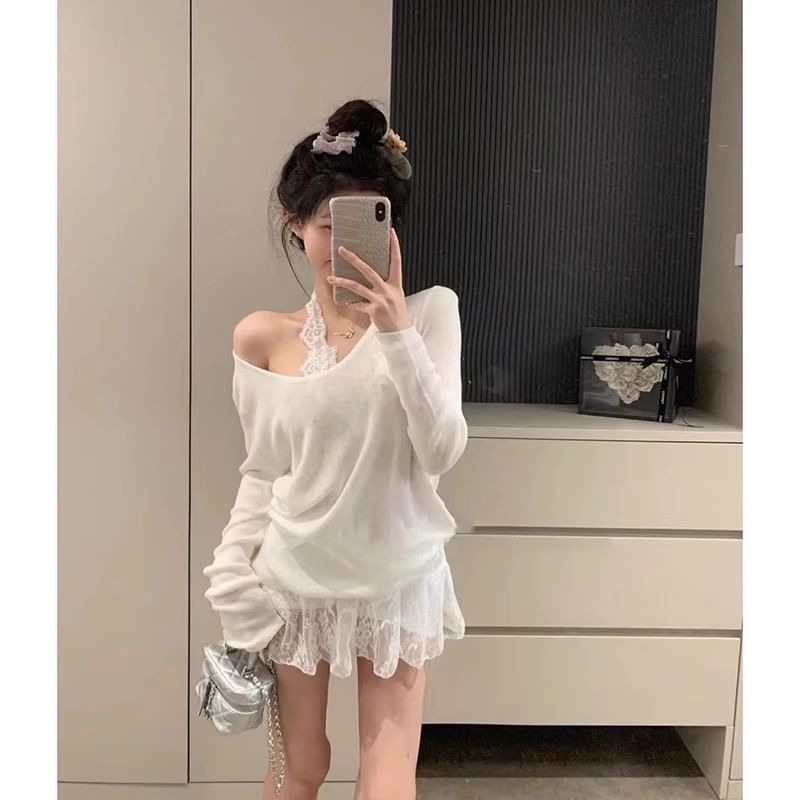 Off-Shoulder Knit Top and Halter Lace A-Line Dress Set