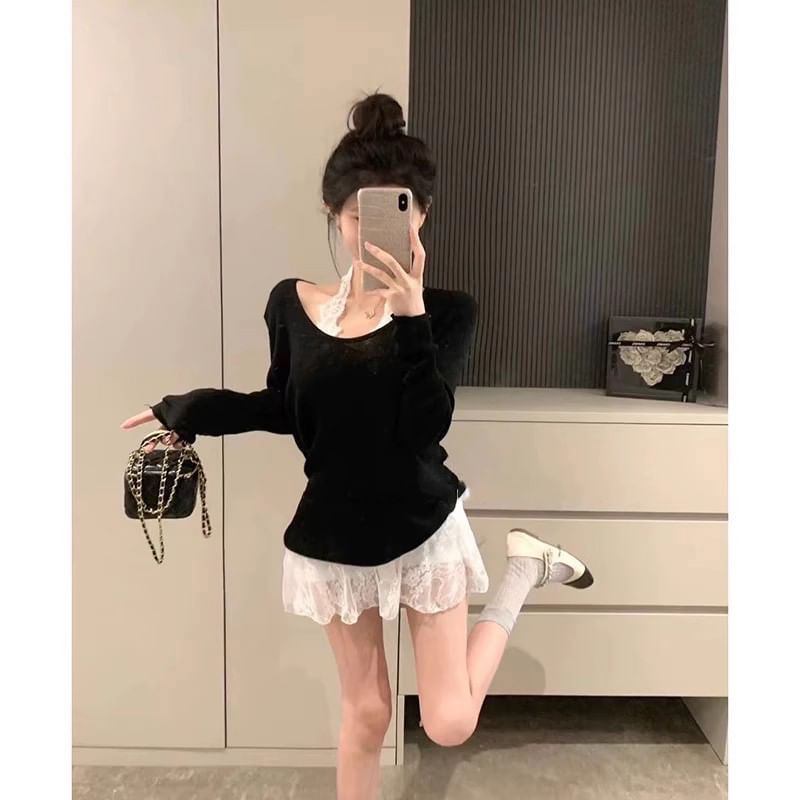 Off-Shoulder Knit Top and Halter Lace A-Line Dress Set