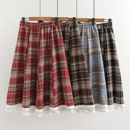 Plaid Midi A-Line Skirt with High Waist