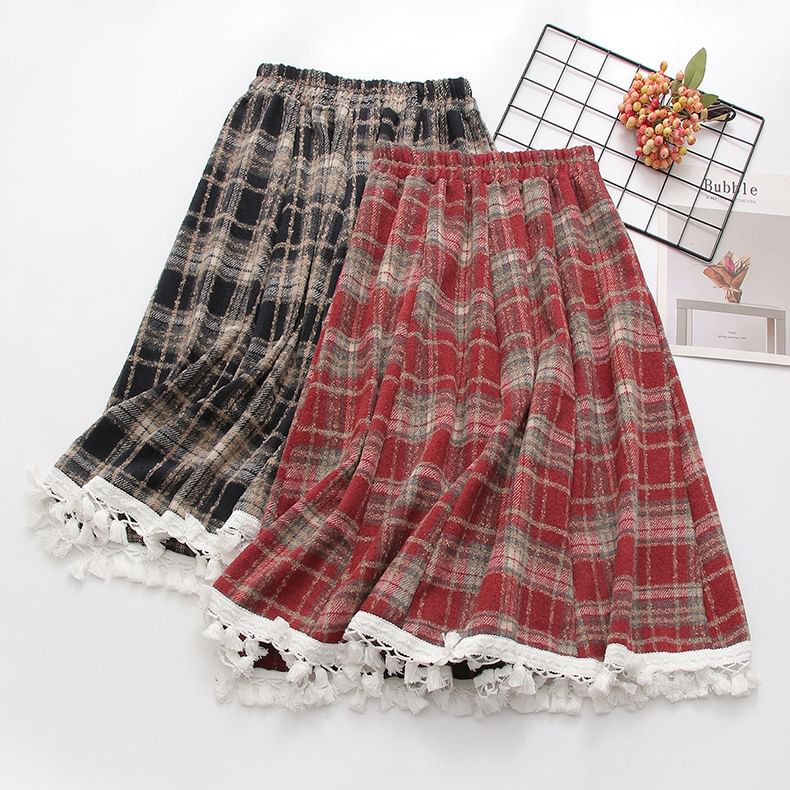 Plaid Midi A-Line Skirt with High Waist