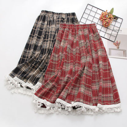 Plaid Midi A-Line Skirt with High Waist
