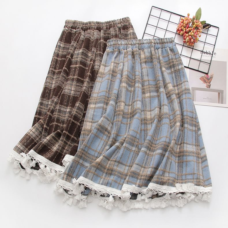 Plaid Midi A-Line Skirt with High Waist