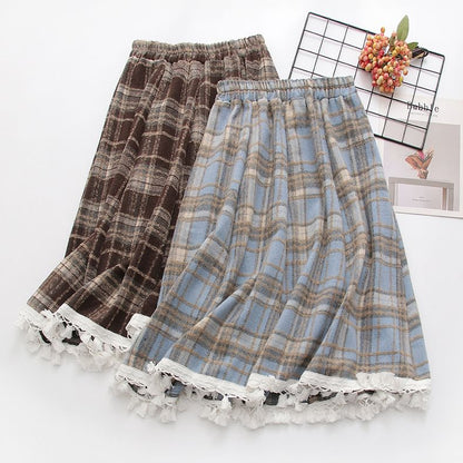 Plaid Midi A-Line Skirt with High Waist