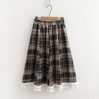 Plaid Midi A-Line Skirt with High Waist