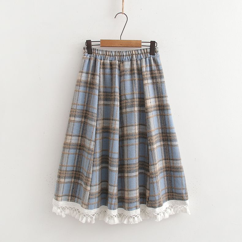 Plaid Midi A-Line Skirt with High Waist