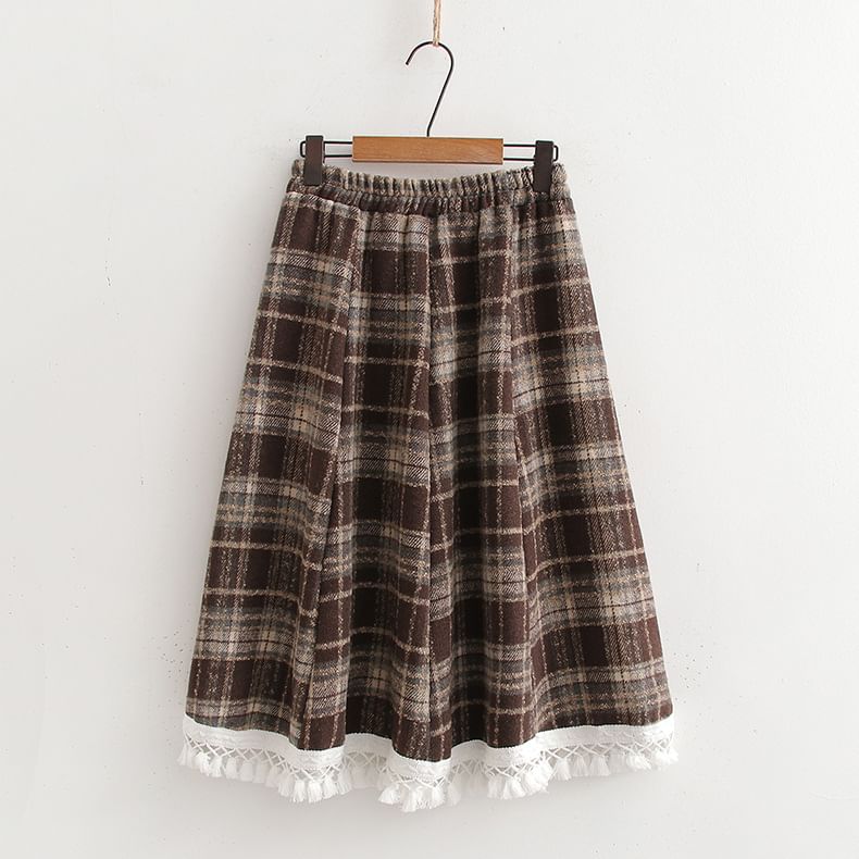 Plaid Midi A-Line Skirt with High Waist