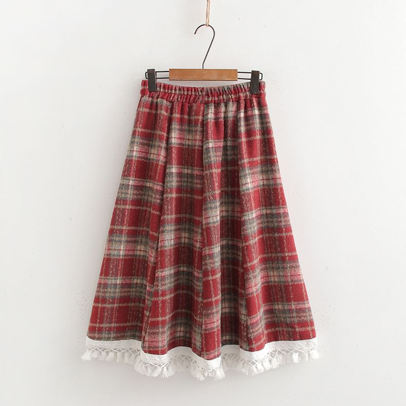 Plaid Midi A-Line Skirt with High Waist