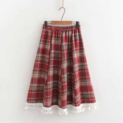 Plaid Midi A-Line Skirt with High Waist