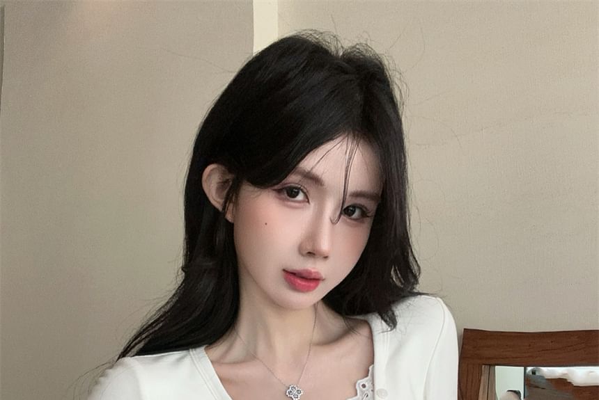 V-Neck Lace Trim Crop Top with Extended Sleeves