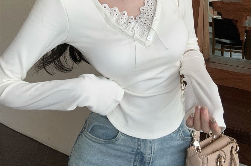 V-Neck Lace Trim Crop Top with Extended Sleeves