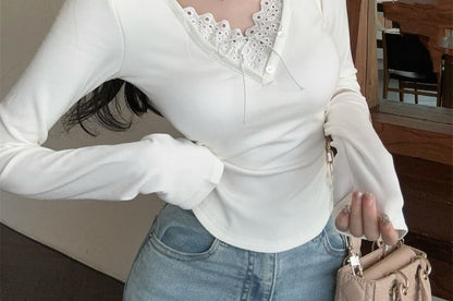 V-Neck Lace Trim Crop Top with Extended Sleeves