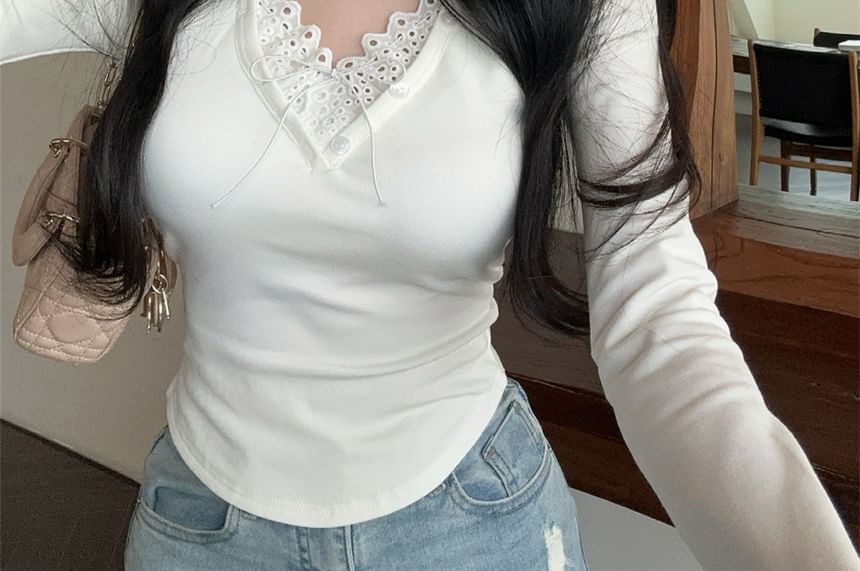 V-Neck Lace Trim Crop Top with Extended Sleeves