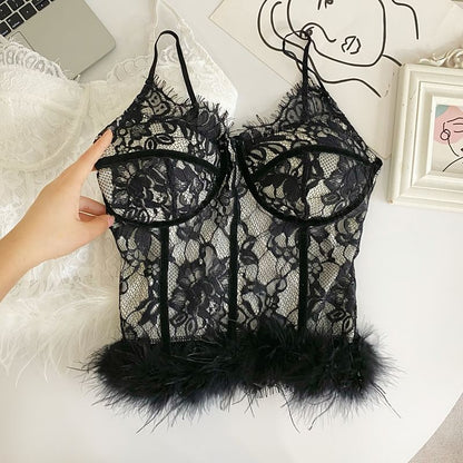 V-Neck Lace Trim Fluffy Hem Corset Top