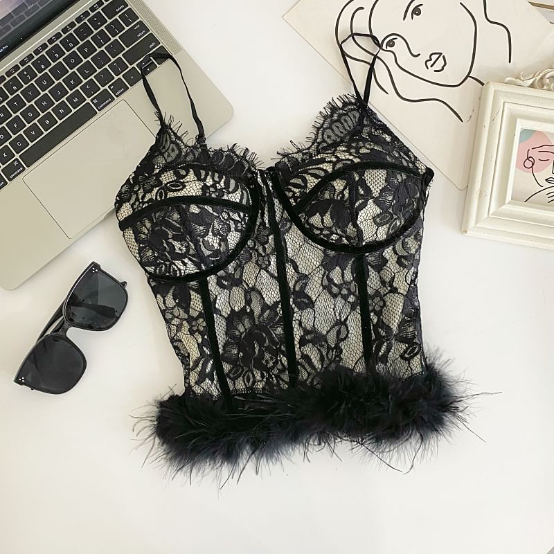V-Neck Lace Trim Fluffy Hem Corset Top
