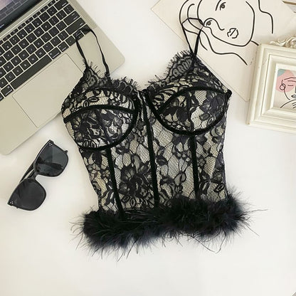 V-Neck Lace Trim Fluffy Hem Corset Top