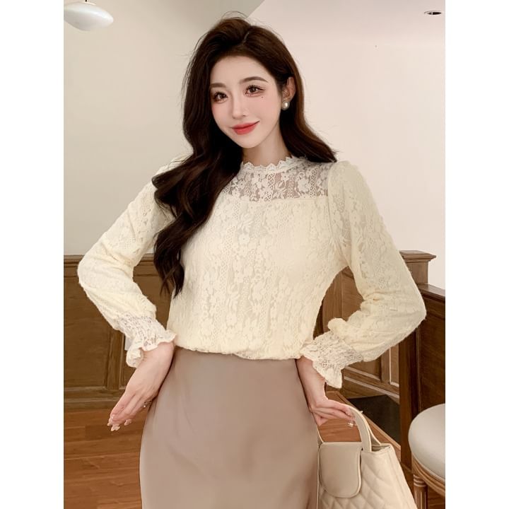 Stand Collar Lace Blouse with Long Sleeves