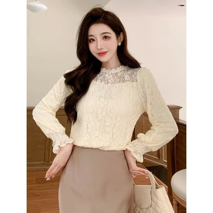 Stand Collar Lace Blouse with Long Sleeves