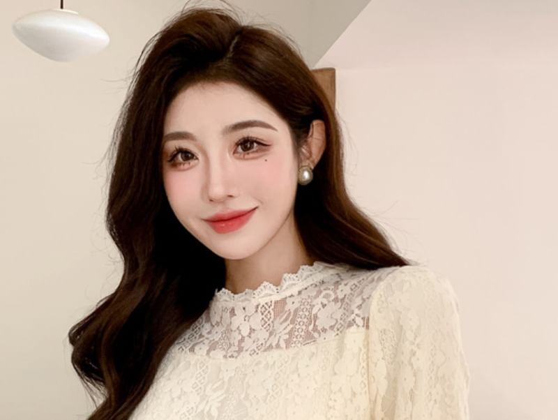 Stand Collar Lace Blouse with Long Sleeves
