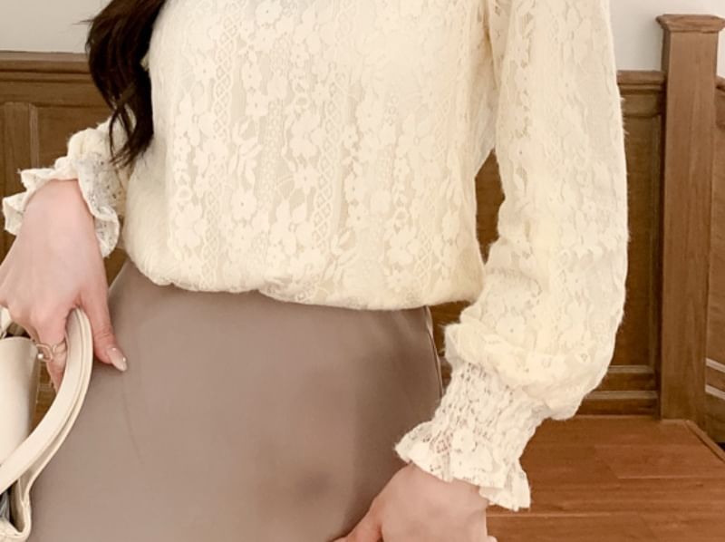 Stand Collar Lace Blouse with Long Sleeves