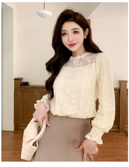 Stand Collar Lace Blouse with Long Sleeves