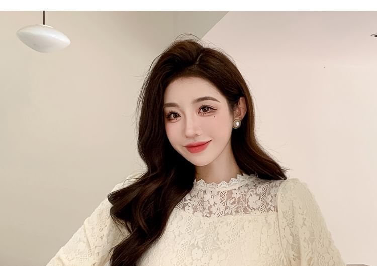 Stand Collar Lace Blouse with Long Sleeves