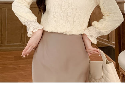 Stand Collar Lace Blouse with Long Sleeves