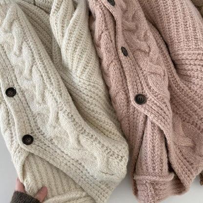 V-Neck Plain Button-Up Cable Knit Cardigan