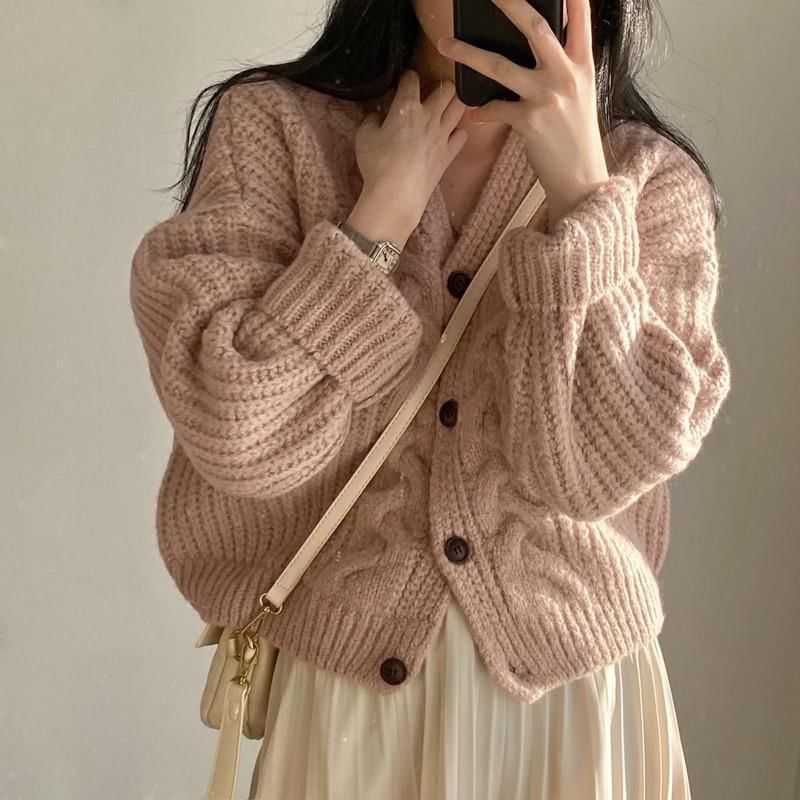V-Neck Plain Button-Up Cable Knit Cardigan