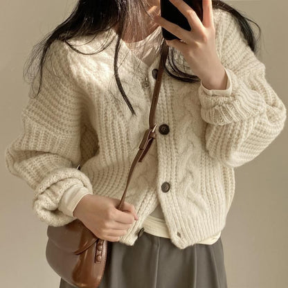 V-Neck Plain Button-Up Cable Knit Cardigan