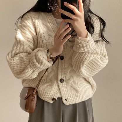 V-Neck Plain Button-Up Cable Knit Cardigan