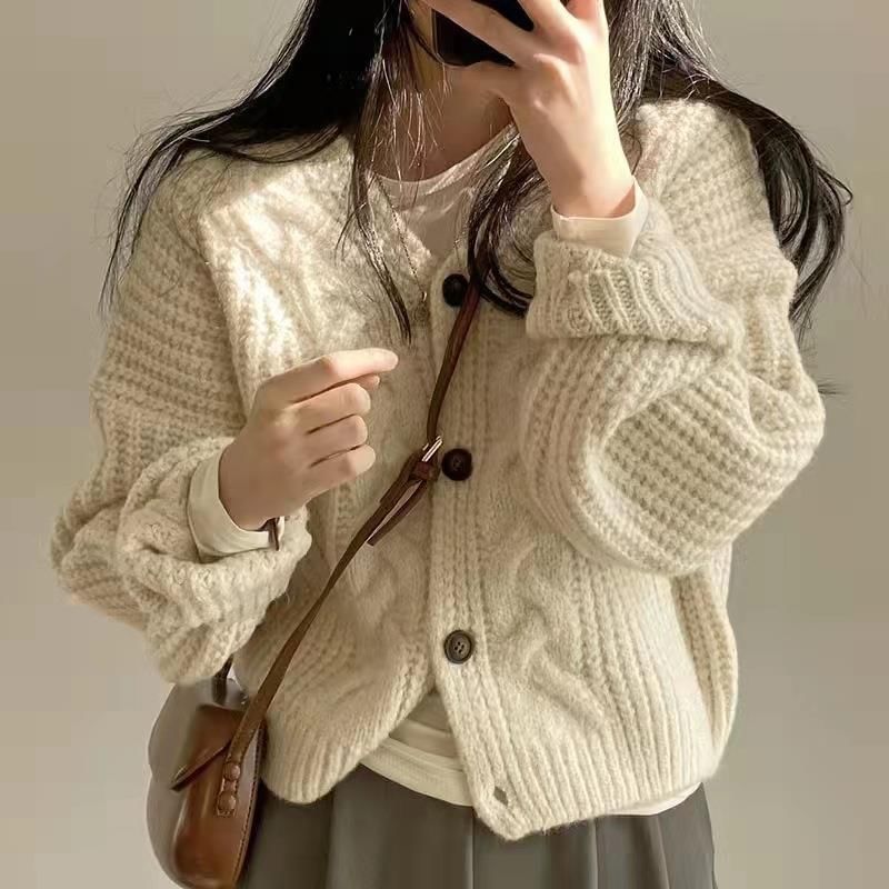 V-Neck Plain Button-Up Cable Knit Cardigan