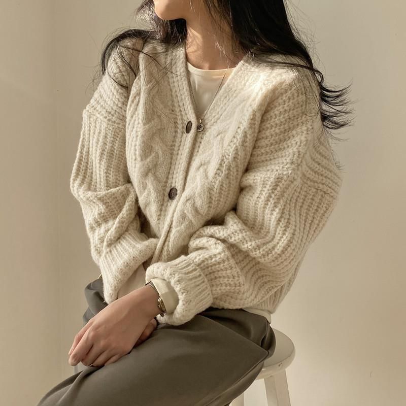 V-Neck Plain Button-Up Cable Knit Cardigan
