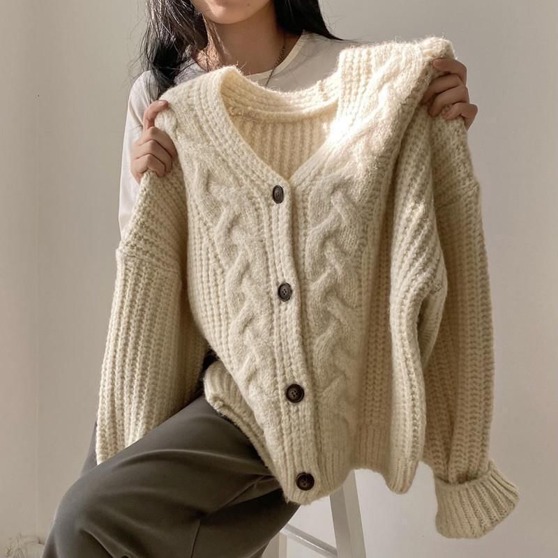 V-Neck Plain Button-Up Cable Knit Cardigan