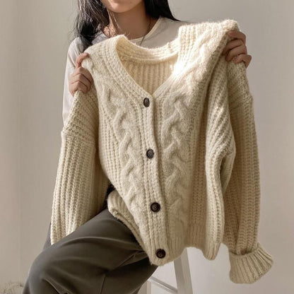 V-Neck Plain Button-Up Cable Knit Cardigan