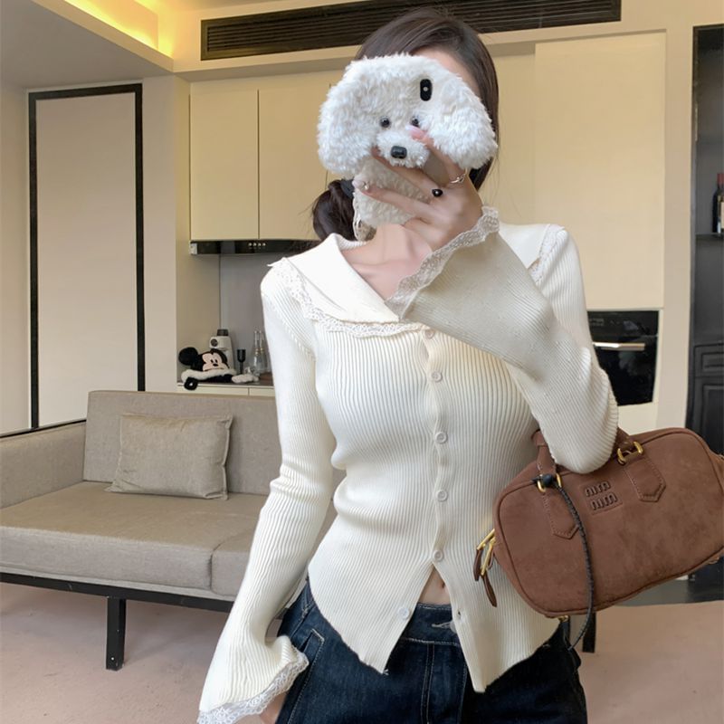 Lace Trim Collar Long Sleeve Cardigan
