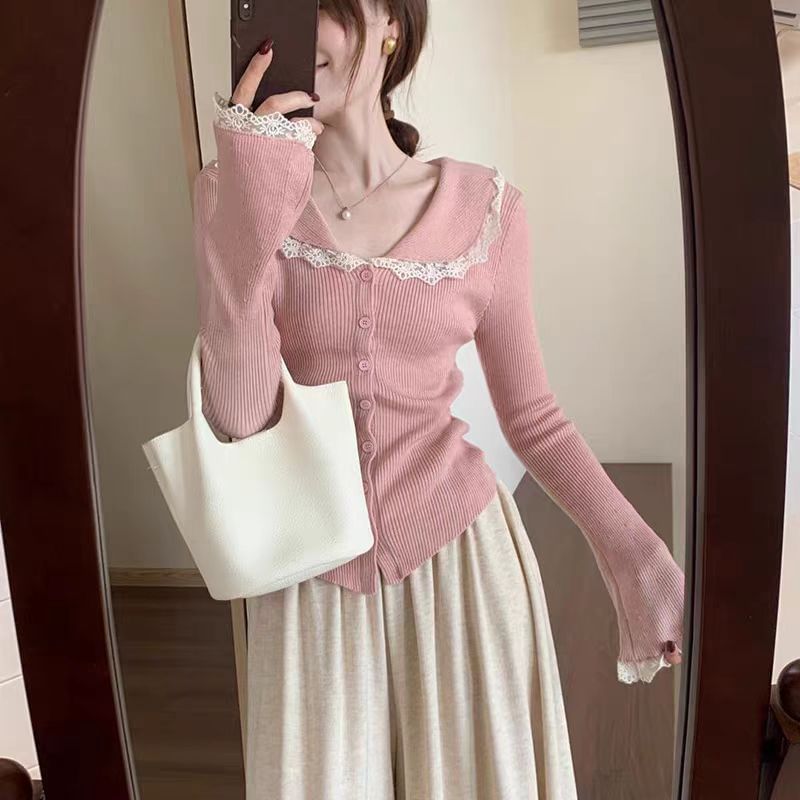 Lace Trim Collar Long Sleeve Cardigan