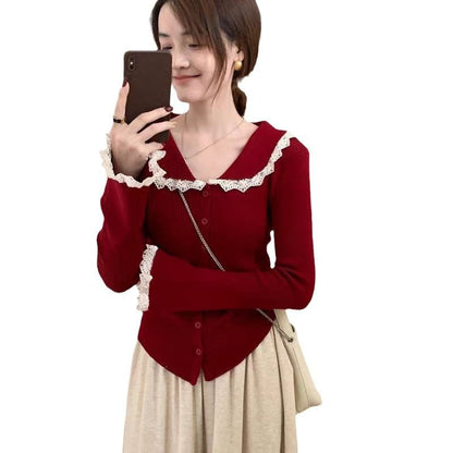 Lace Trim Collar Long Sleeve Cardigan