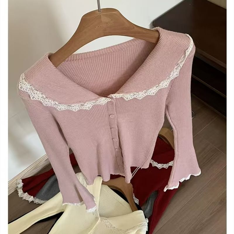 Lace Trim Collar Long Sleeve Cardigan