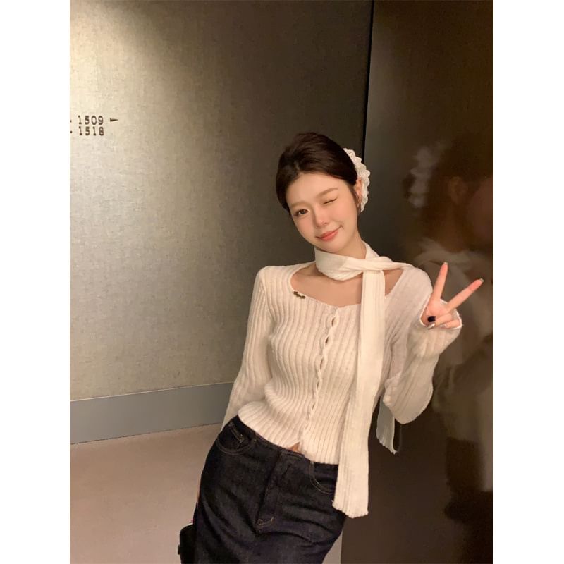 Ribbed Square Neck Knit Sweater