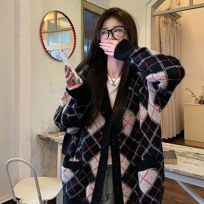 V-Neck Argyle Oversized Cardigan