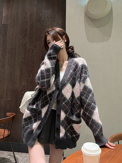 V-Neck Argyle Oversized Cardigan