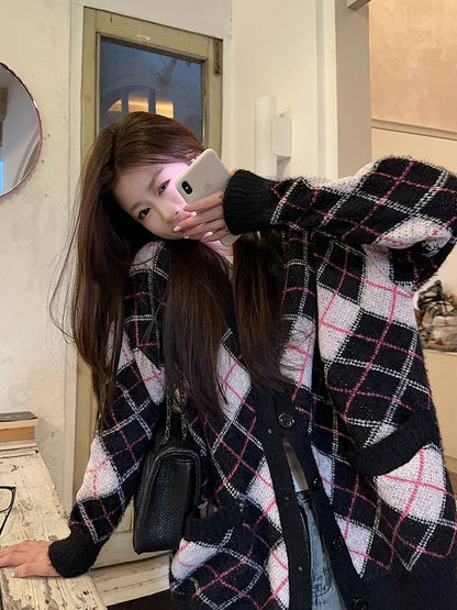 V-Neck Argyle Oversized Cardigan