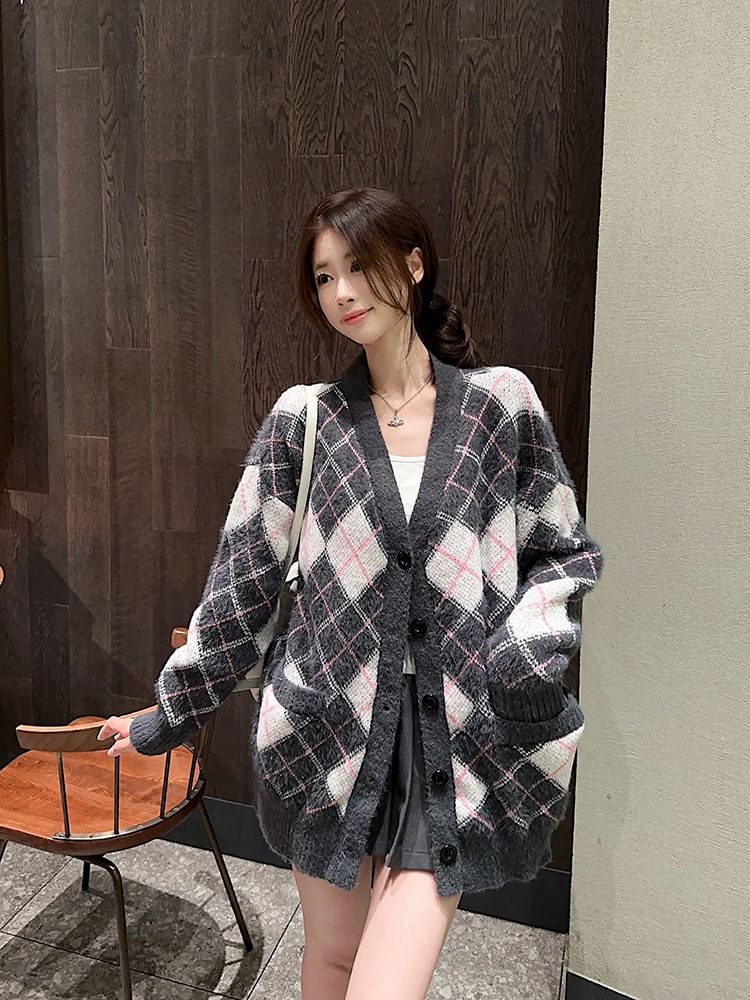 V-Neck Argyle Oversized Cardigan