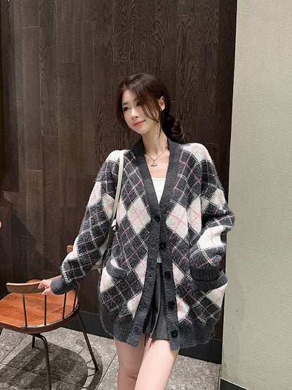 V-Neck Argyle Oversized Cardigan