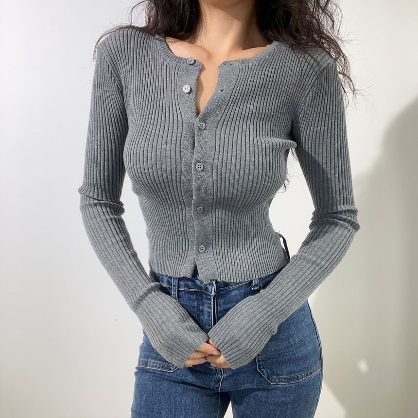Round Neck Plain Ribbed Cardigan