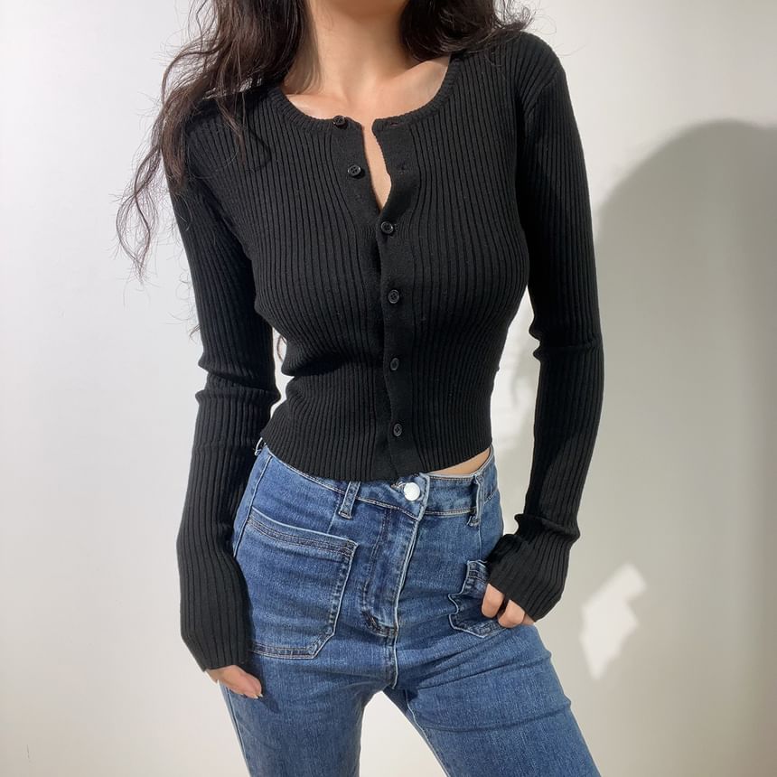 Round Neck Plain Ribbed Cardigan