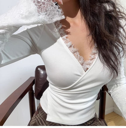 V-Neck Lace Trim Long-Sleeve T-Shirt